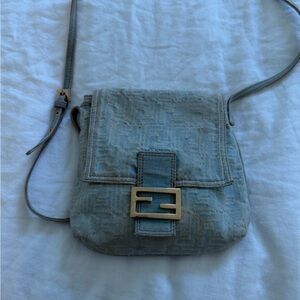 Vintage Fendi Mama Light Denim Cloth Baguette Shoulder Bag